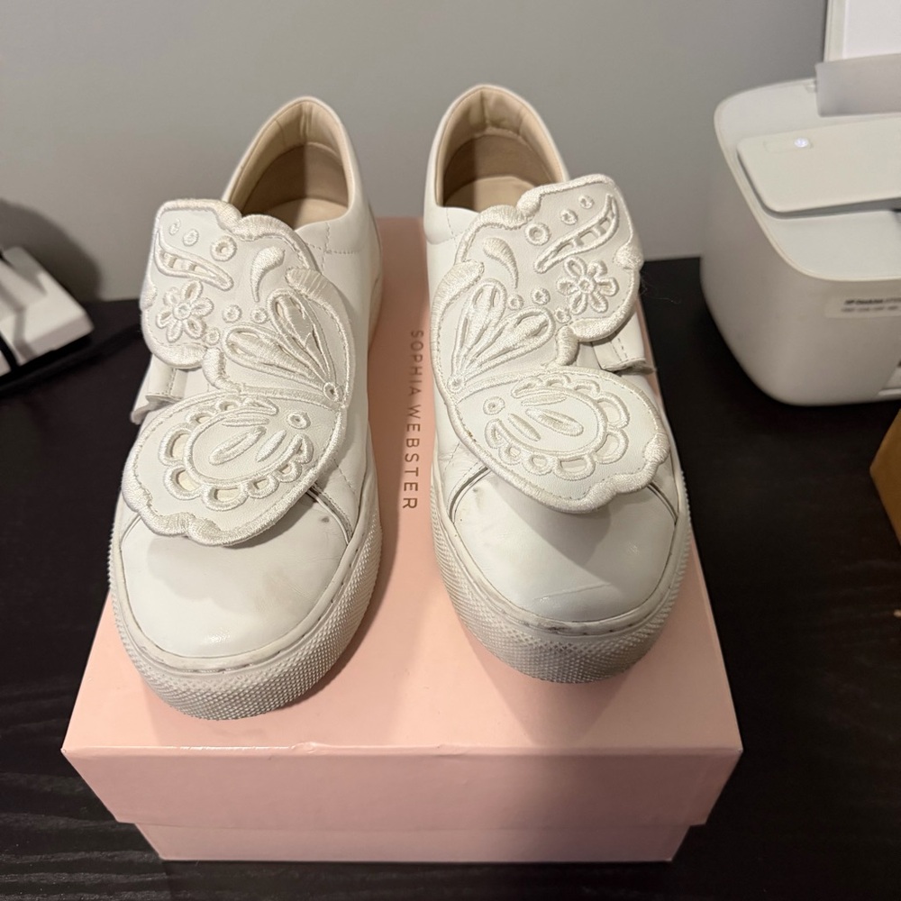 Sophia Webster White Butterfly Leather Slip-On Sneakers Size 38